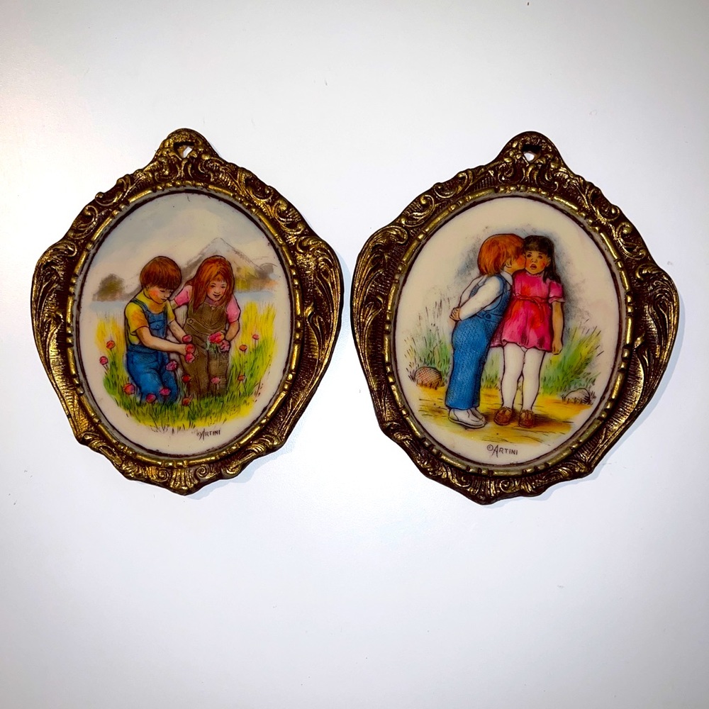 Two Vintage ARTINI Sculptured Engraving Hand Painted Twin Etched 4D Boy & Girl